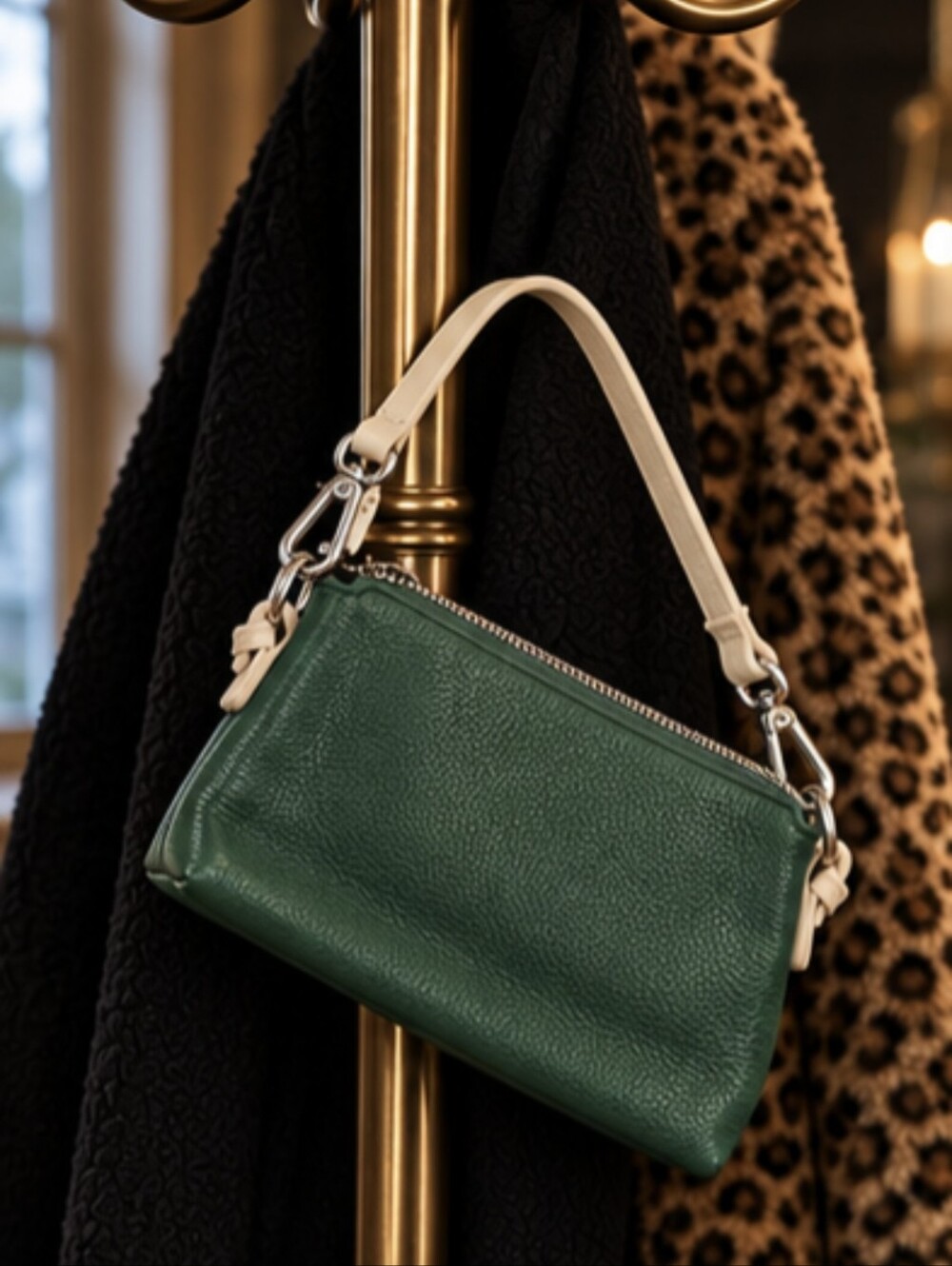 Danier Green Leather Shoulder Bag with Cream Strap